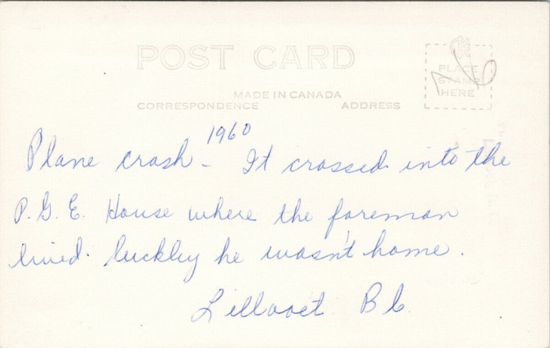 Lillooet BC 1960 Plane Crashed into PGE House Unused Real Photo Postcard G69