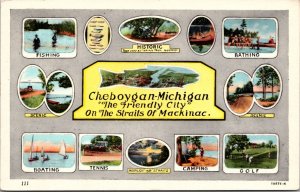 Linen Postcard Multiple Views of Cheboygan, Michigan