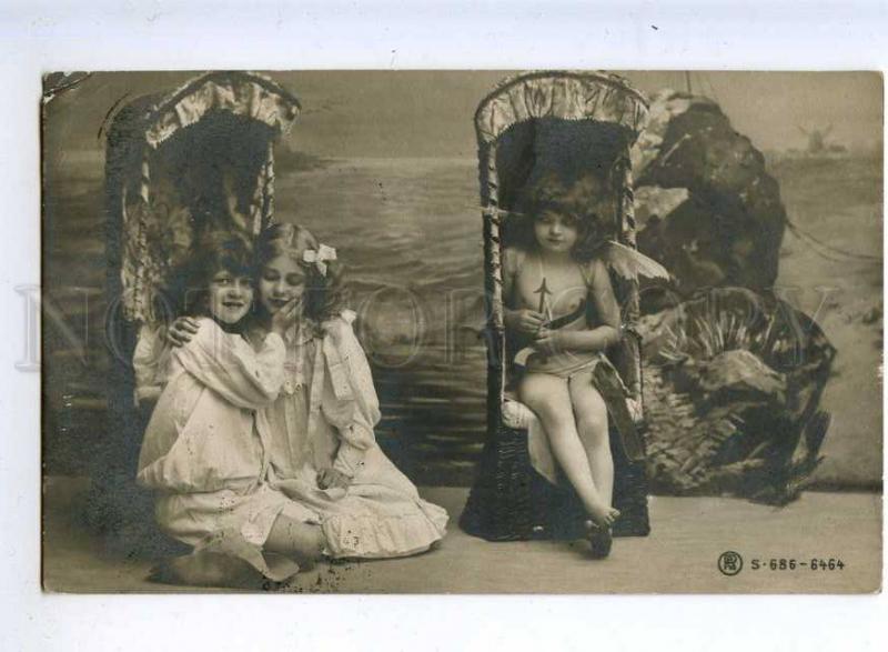 215996 KIDS on Beach & Winged CUPID Vintage PHOTO postcard