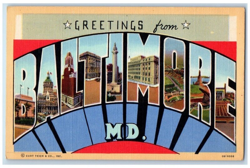 c1940 Greetings From Baltimore Maryland MD Banner Large Letter Vintage Postcard