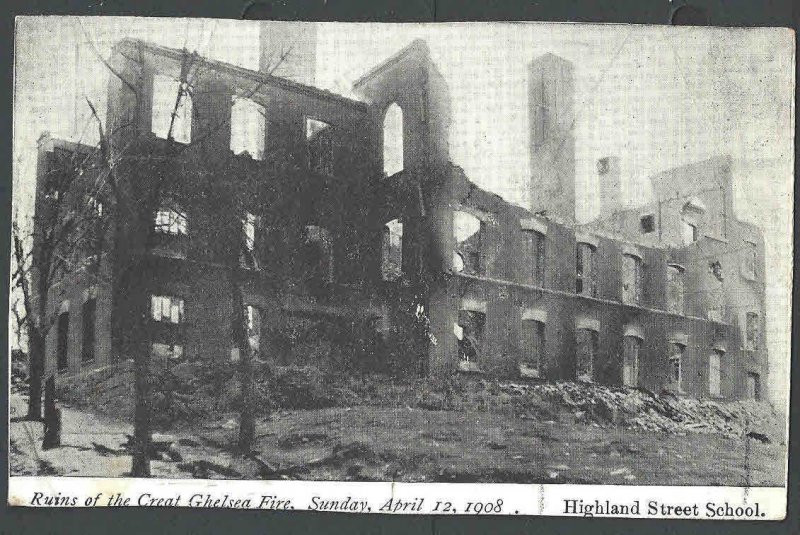 1908 PPC Chelsea Ma The Great Fire Shows Highland Street School Mint Has Wear