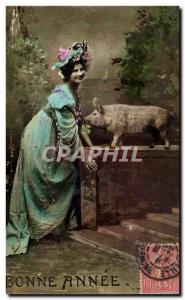 Old Postcard Cochon Pig Woman Happy new year