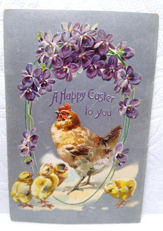 Tucks Easter Greetings Postcard Hen Baby Chicks Violets Series 112 TRIMMED Edge 