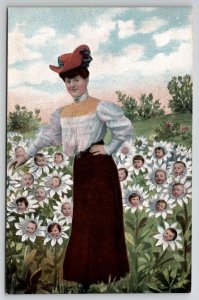 Edwardian Woman In Field of Baby Face Daisies Postcard U29