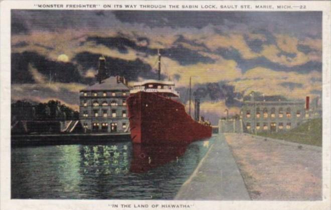 Michigan Sault Ste Marie Monster Freighter Going Through The Sabin Lock 1946