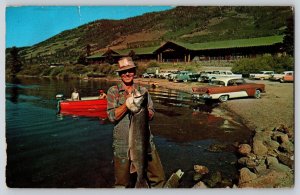 Postcard Fish Lake - Utah - Prize Mackinaw Trout w 1950s Cars Trucks w Trailer