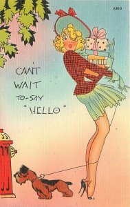 Postcard 1940s Sexy woman saying hello dog fire hydrant comic humor TP24-11118