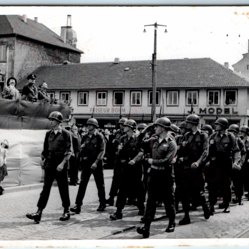 WWII c1940s Germany Troops March RPPC Real Photo Friseur Bohm Agfa Soldiers A72