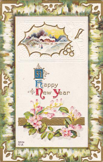 Happy New Year Flowers with Landscape Scene 1910