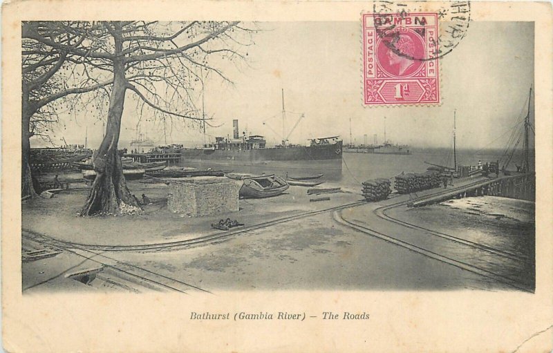 Gambia Bathurst roads & harbor steamer ships postcard