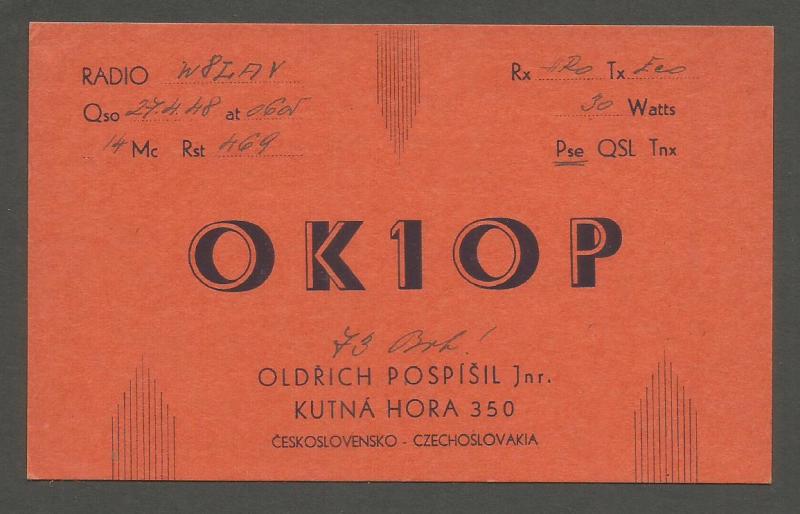 QSL AMATEUR RADIO CARD – KUTNA HORA, CZECHOSLOVAKIA– 1948