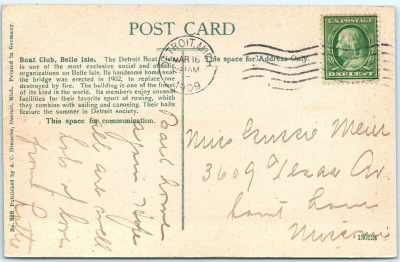 1909 Belle Isle, Detroit, Mich Elite Boat Club Litho Photo Postcard Dietsche A33