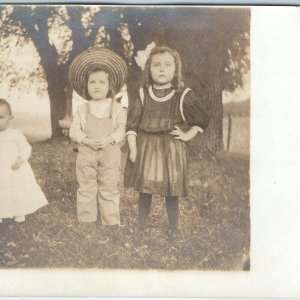 c1910s Cute Children RPPC Little Boy Dress Girl Overalls Crossdress Photo A170