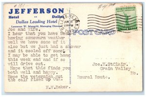 1942 Hotel Jefferson Building Cars Water Fountain Dallas Texas TX Postcard