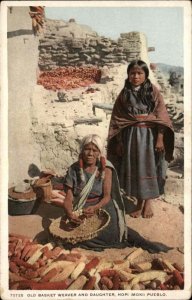 Hopi Moki Pueblo Indigenous Basket Weaver and Daughter Detroit Pub Postcard