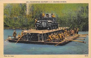 US Army Engineers Pontoon Barge Transports Armor WWII linen postcard