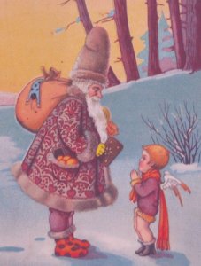 Santa Claus Purple Pattern Robe Angel Child Vintage Christmas Postcard