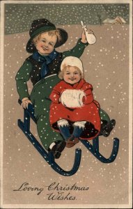 Christmas Children Sledding Embossed PFB c1900s-20s Postcard