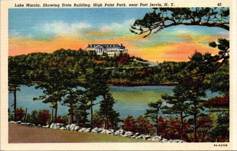 Lake Marcia State Building High Point Park Port Jervis NY Linen Postcard VTG UNP 