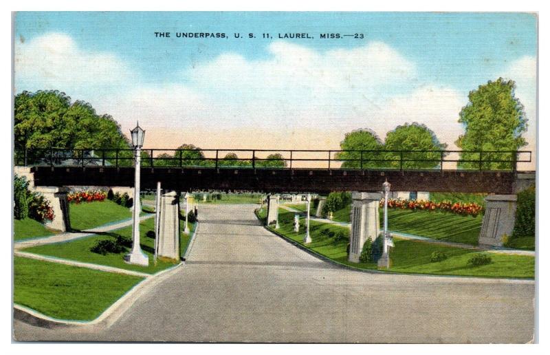 1946 The Underpass, US Hwy 11, Laurel, MS Postcard