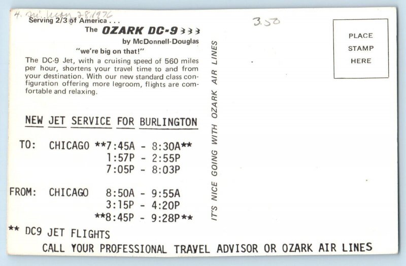 Jet Postcard The Ozark DC-9 Air Lines By McDonnell Douglas Jet Flights Vintage