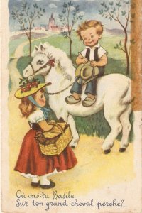 Boy in white horse talking with girl Nice vintage French postcard