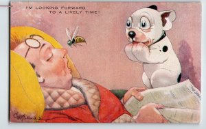 Bonzo Puppy Dog Scared By Bumble Bee Postcard Fantasy AR & Co. Signed Vintage