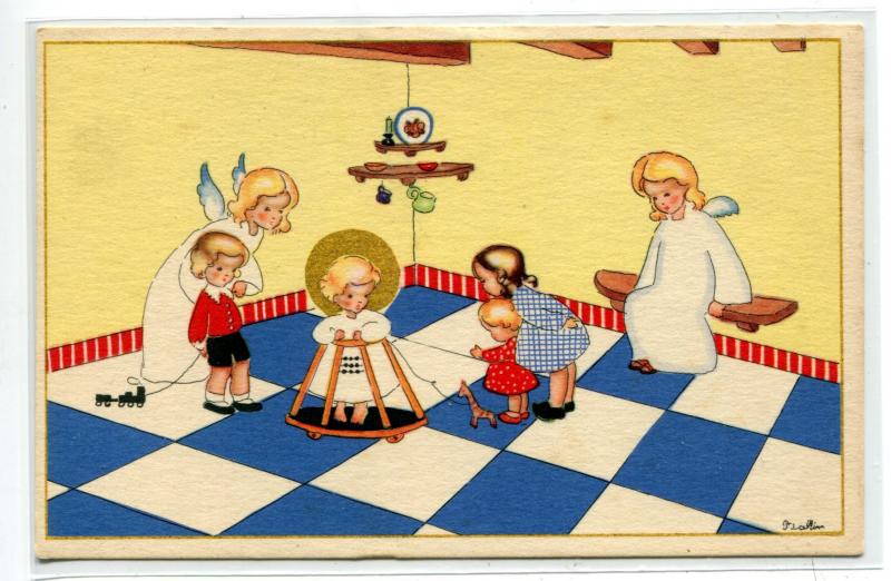 Guardian Angels Watch Over Little Children in Nursery artist signed postcard