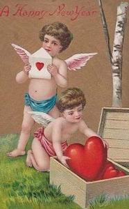 A Happy New Year Cupid Antique Angels Box Briefcase Love Heart Hearts Postcard