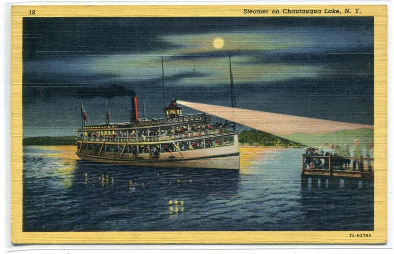 Steamer at Night Moonlight Chautauqua Lake New York linen postcard