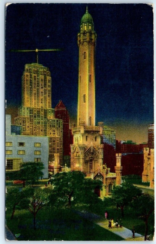 Postcard - Old Water and Palmolive Building By Night - Chicago, Illinois 