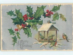 Pre-Linen christmas CUTE BIRDS SITTING AROUND HOMEMADE BIRD FEEDER hr2769