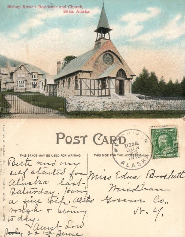 BISHOP ROWE'S RESIDENCE & CHURCH SITKA ALASKA 1912 ANTIQUE POSTCARD