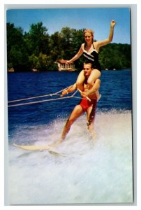Vintage 1960's Postcard Aquatic Acrobats Waterskiing on the Lake