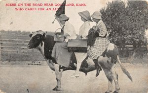 G4/ Goodland Kansas Postcard 1917 Women Riding Cow Comic Fun