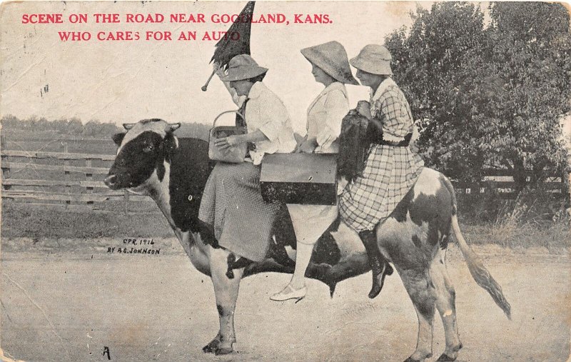 G4/ Goodland Kansas Postcard 1917 Women Riding Cow Comic Fun