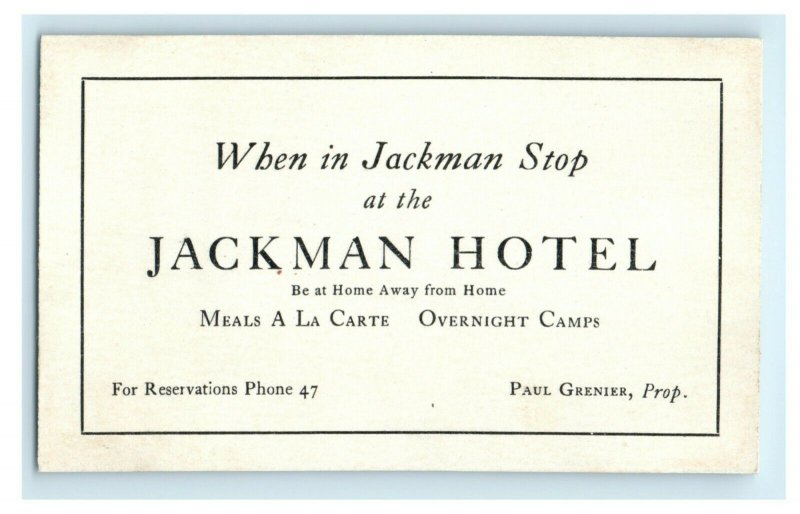 c1920's Jackman Hotel Motel Store Shop Maine ME Business Card 