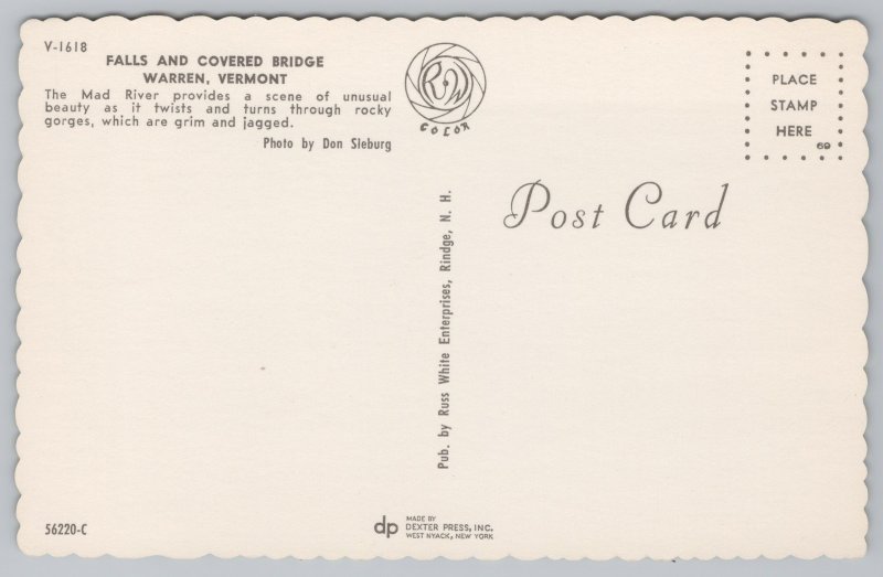 Warren Vermont~Falls & Covered Bridge~Mad River~Vintage Postcard