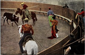 Mexican Bull Fight Picador Engaging Bull Horses Mexico Postcard UNP Linen