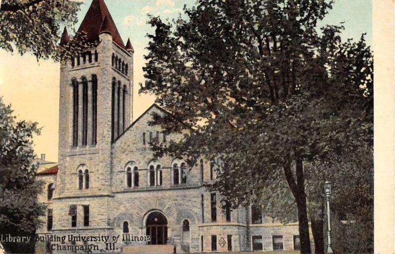 Champaign Illinois University Library Street View Antique Postcard K66181