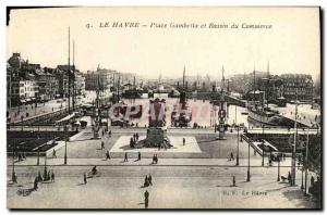Old Postcard Le Havre Place Gambetta and Boat Basin Du Commerce