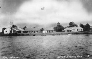 Copper Harbor Michigan~Tall US Flagpole On Shore of Fort Wilkins~RPPC 1940s PC 