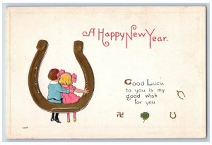 New Year Postcard Children Sat On Big Horseshoe Good Luck Embossed c1910's