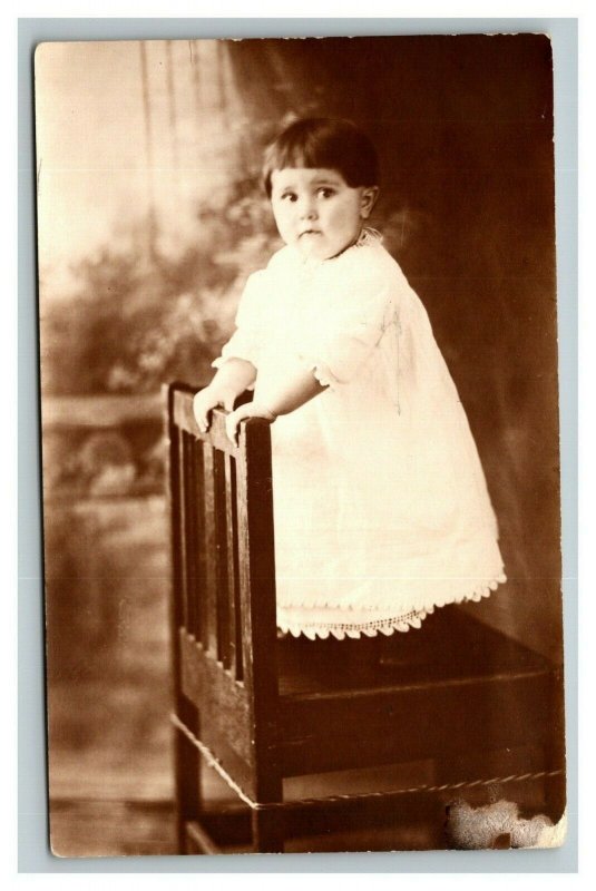 Vintage 1910's RPPC Postcard Child in White Dress Standing on Chair - Funny 