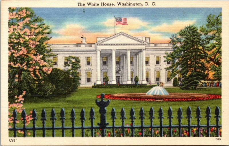 The White House, Washington, D.C. linen postcard fountain tree blossoms