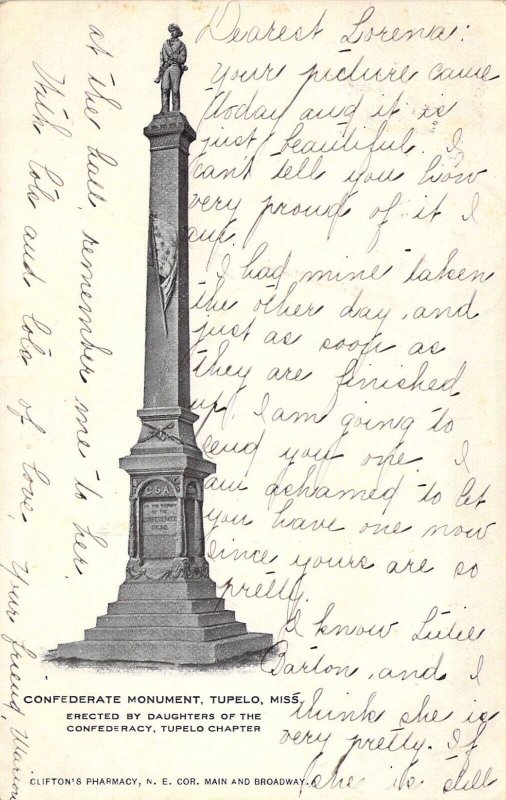 Rare 1907 Confederate Monument, Tupelo, Mississippi, by Daughters,Old Postcard