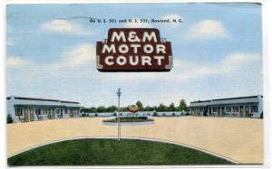 M & M Motor Court Motel US 301 Rowland North Carolina 1955 linen postcard