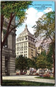 Peoria Illinois, Alliance Life Building From Court House Square, Postcard