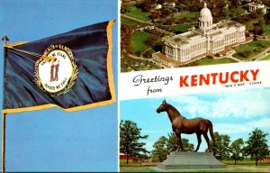 Kentucky Greetings With State Flag Man O War Statue & State Capitol Building