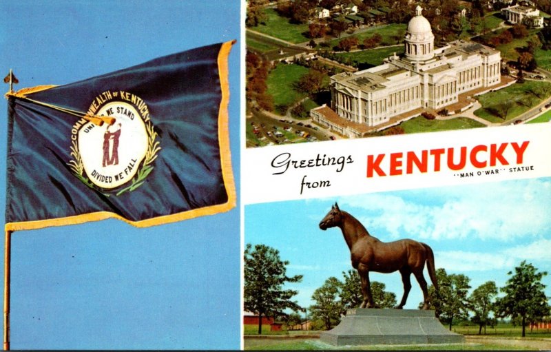 Kentucky Greetings With State Flag Man O War Statue & State Capitol Building